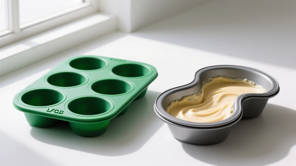 Side by side comparison of a branded LFGB certified silicone muffin pan and a generic flimsy silicone pan bending under batter weight