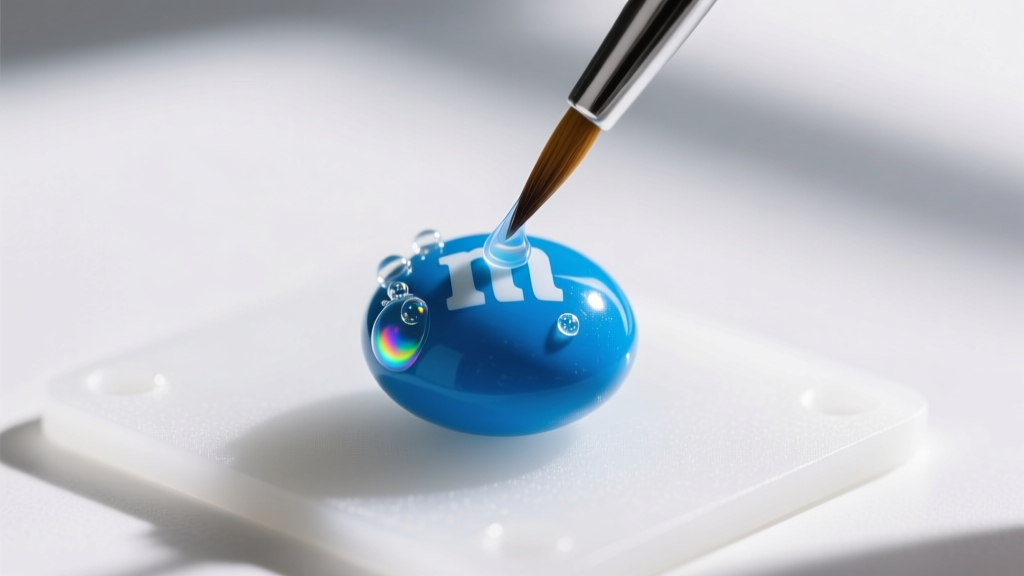 Macro shot of a thin brush applying clear cyanoacrylate sealant to a single blue M&M candy on a silicone crafting mat.
