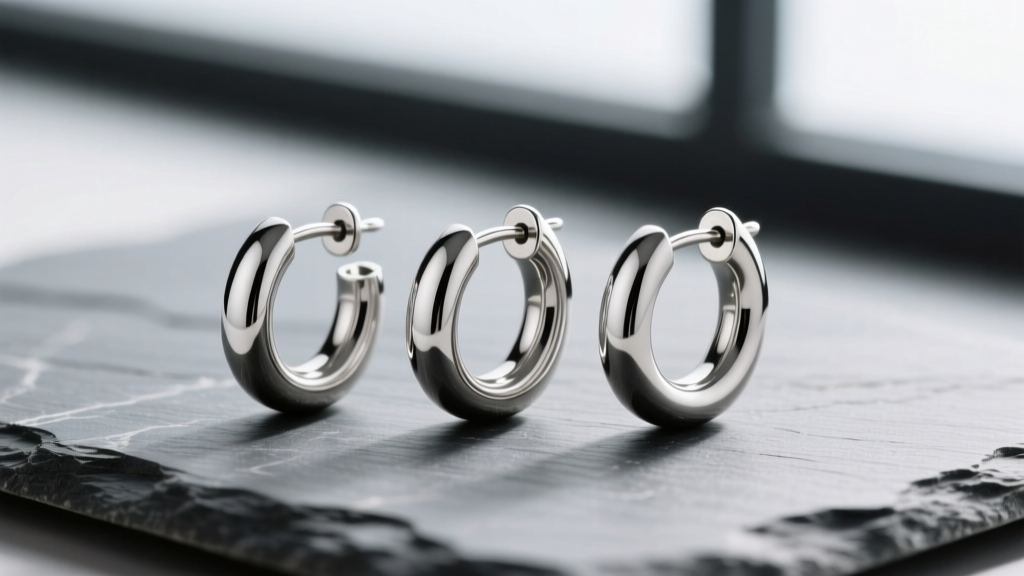 316L stainless steel huggie earrings on slate showing a seamless clasp and bright mirror finish under soft light