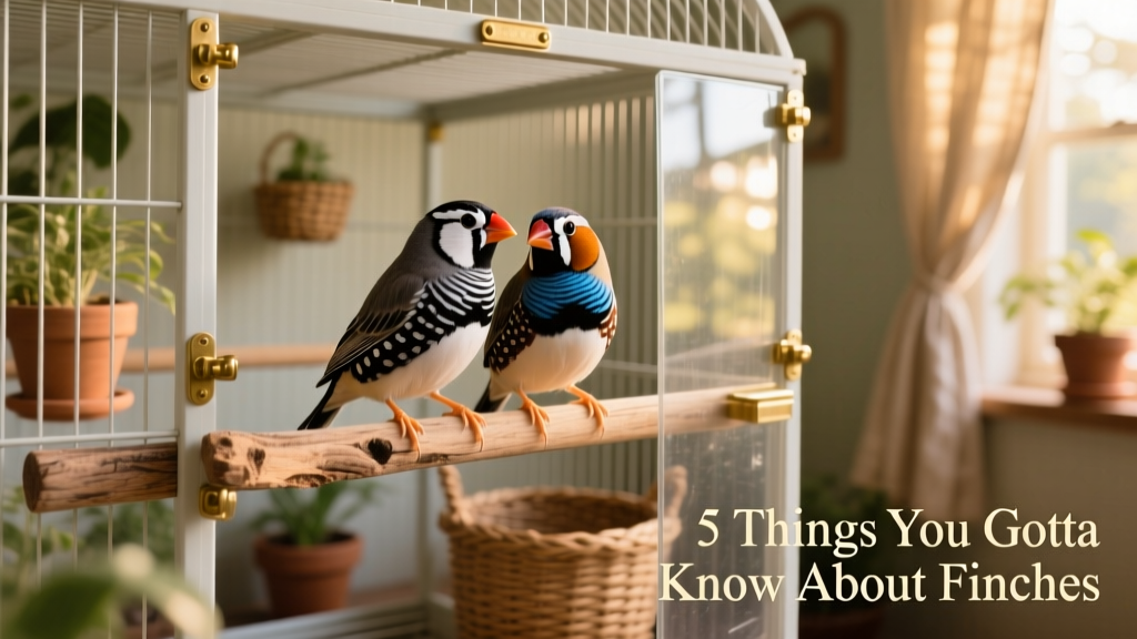A vibrant pair of zebra finches perched side-by-side on a natural wood perch inside a spacious, well-furnished cage