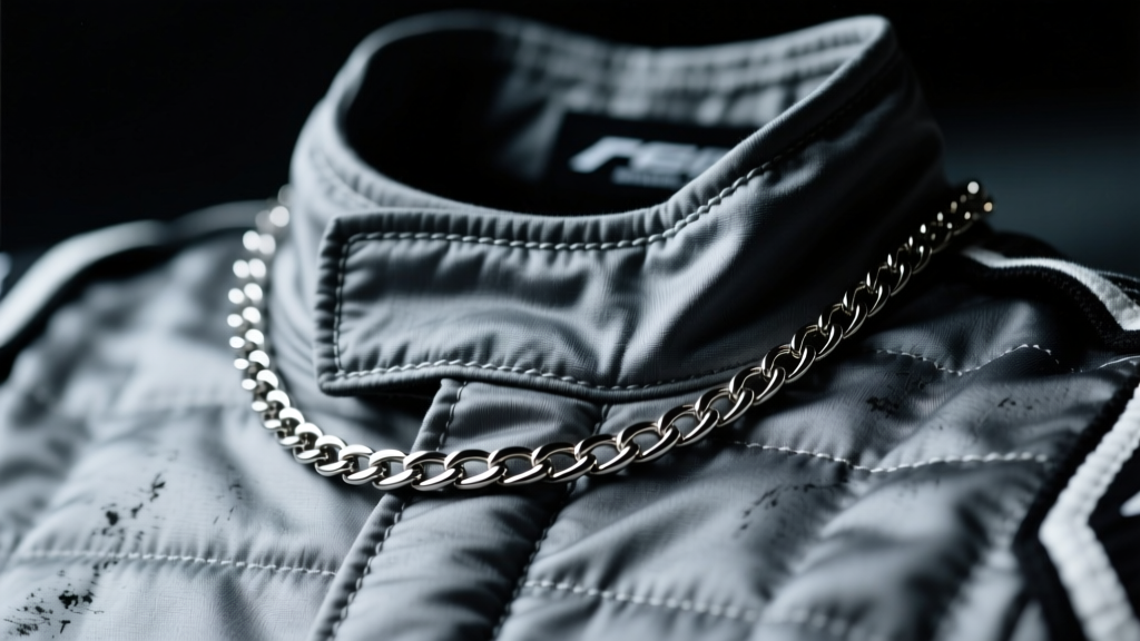 Close-up of a 4mm titanium curb chain necklace resting on a racing suit collar, illuminated by dramatic, moody paddock lighting.