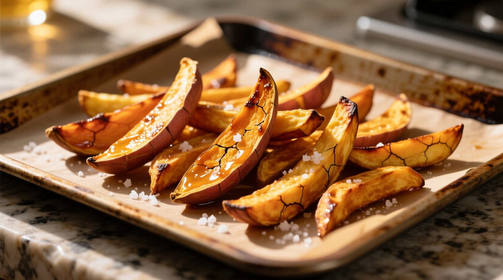 Perfect golden sweet potato fries on baking sheet