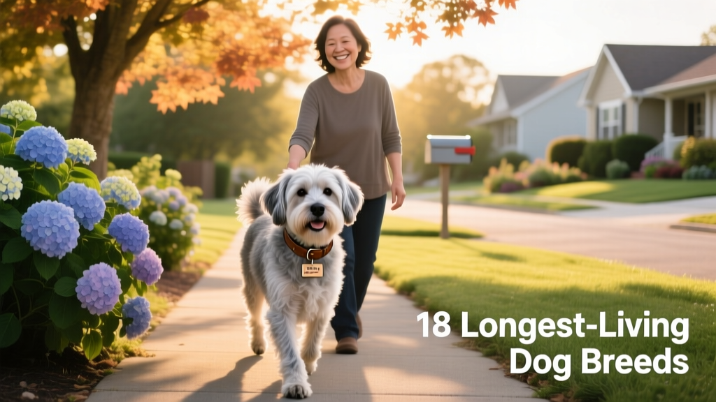 A joyful senior dog walking calmly beside their owner on a sunlit neighborhood path