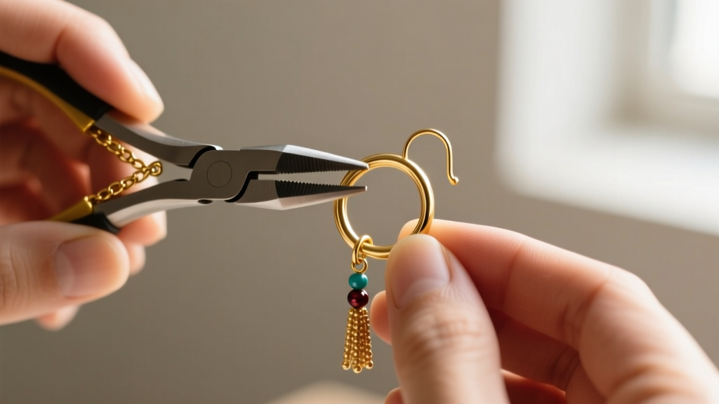 Hands using chain-nose pliers to close a 22-gauge gold-filled jump ring connecting a beaded fringe loop to a leverback ear wire.