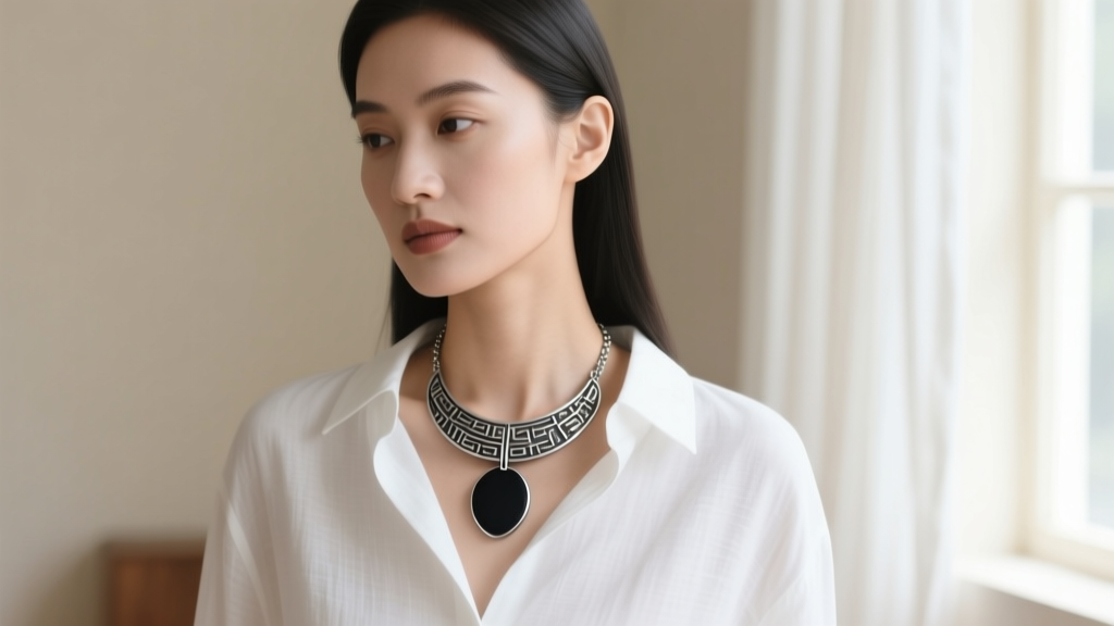 Woman wearing an oxidized sterling silver black pendant necklace over a white linen shirt, captured in soft natural daylight.