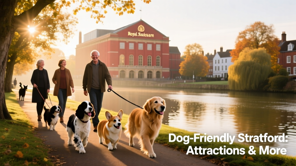 Dogs walking along the River Avon path with Royal Shakespeare Theatre visible in background