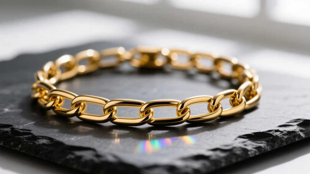 Macro shot of a 14k yellow gold paperclip chain necklace on dark slate, highlighting soldered link joints and high-polish finish.