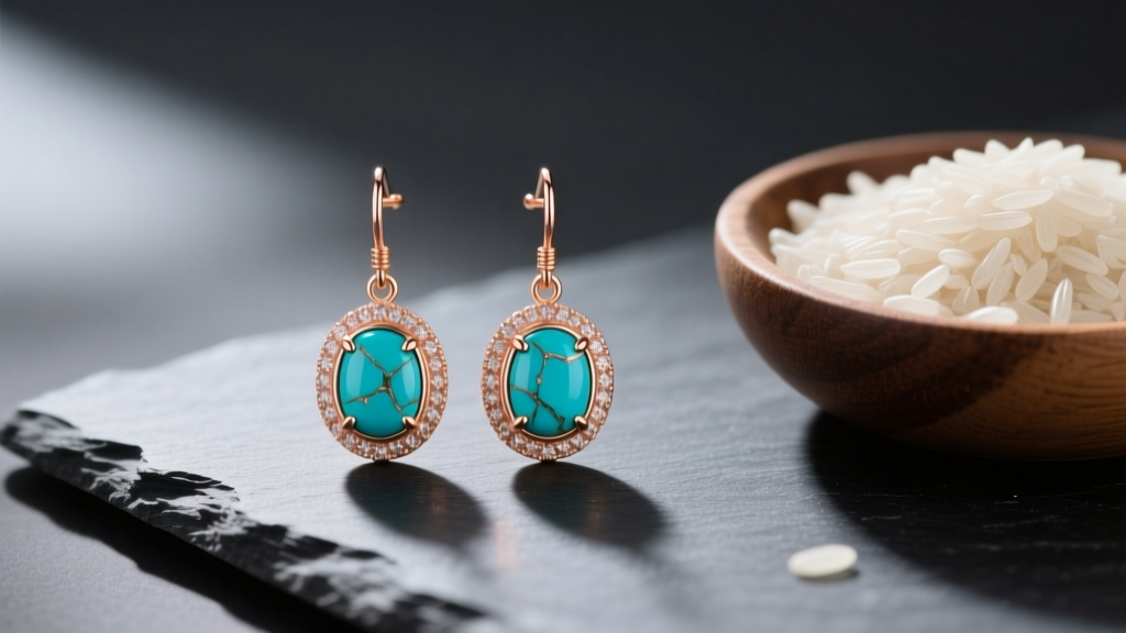 14k rose gold drop earrings with raw turquoise stones, resting on a dark slate surface next to a small wooden bowl of dry rice.