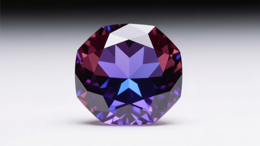 Macro shot of a pear-cut tanzanite gem showing color shifts from dark burgundy to vivid violet-blue under soft studio lighting.
