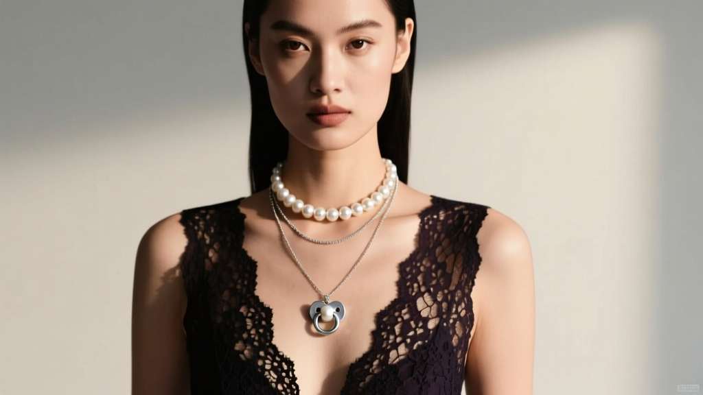 Model wearing layered necklaces with a pearl choker and silver pacifier pendant over a dark lace top in soft diffused lighting