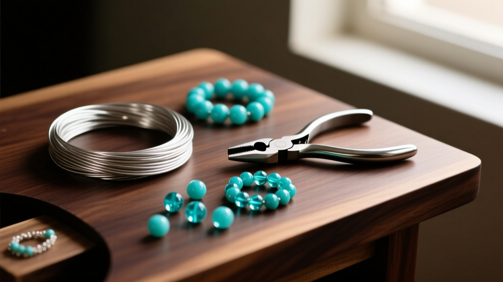 Silver wire, round-nose pliers, and turquoise beads arranged on a dark wooden jeweler bench under a warm studio lighting setup.