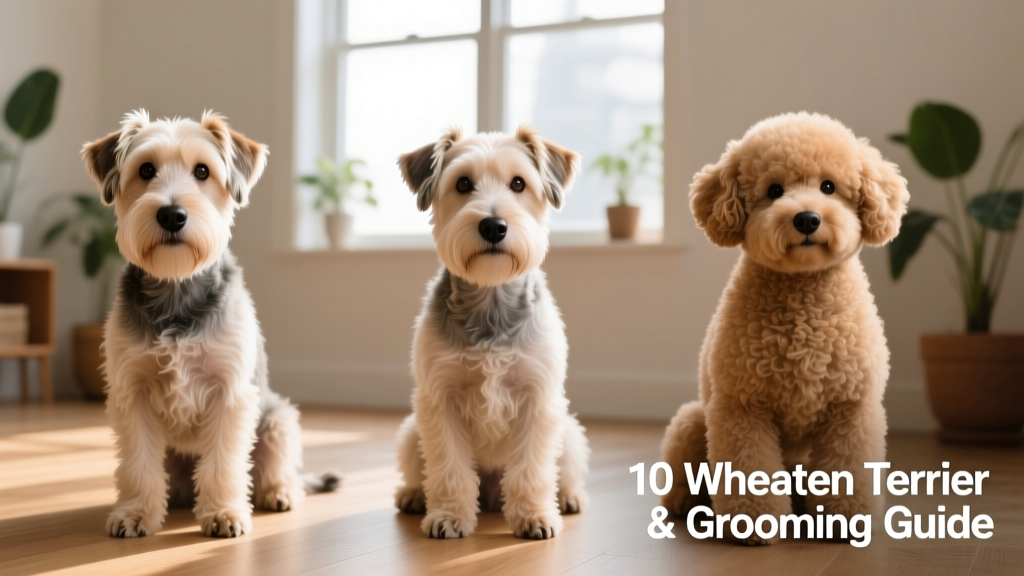 Side-by-side comparison of three Wheaten Terrier grooming styles: show trim, puppy cut, and teddy bear cut