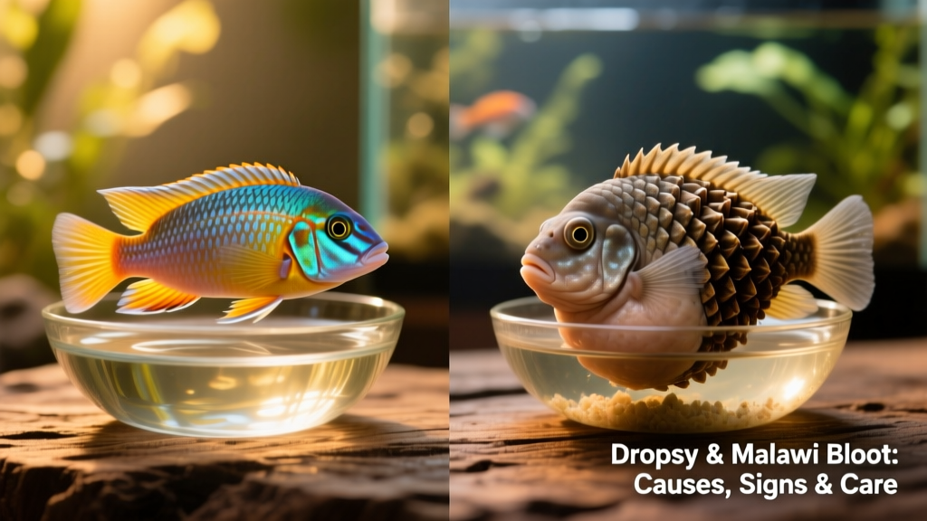 Side view of a healthy fish next to one showing classic dropsy swelling and protruding scales