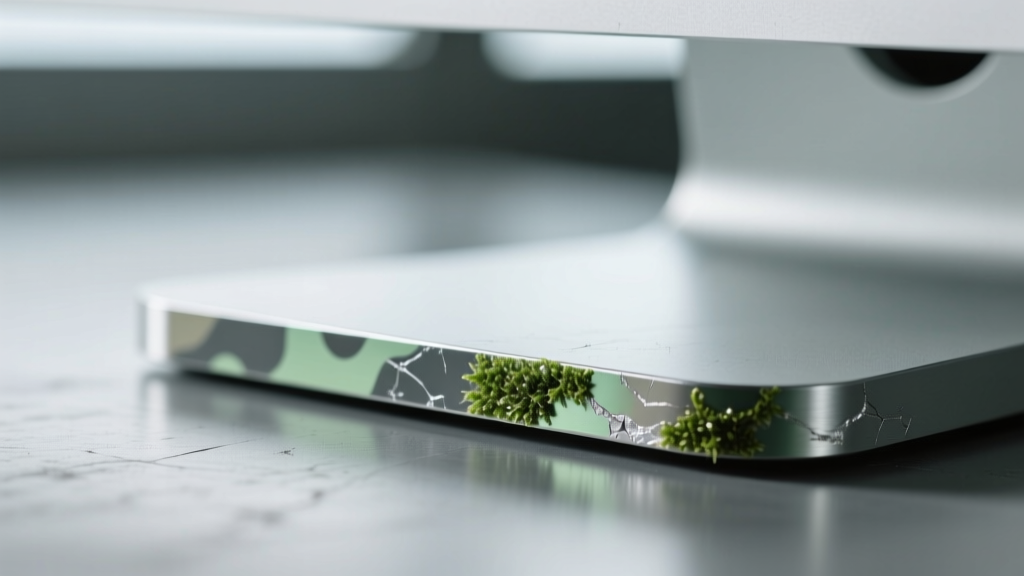 Macro shot showing the micro-texture of the Moss Camo PVD coating on the aluminum monitor riser edge after heavy daily use.