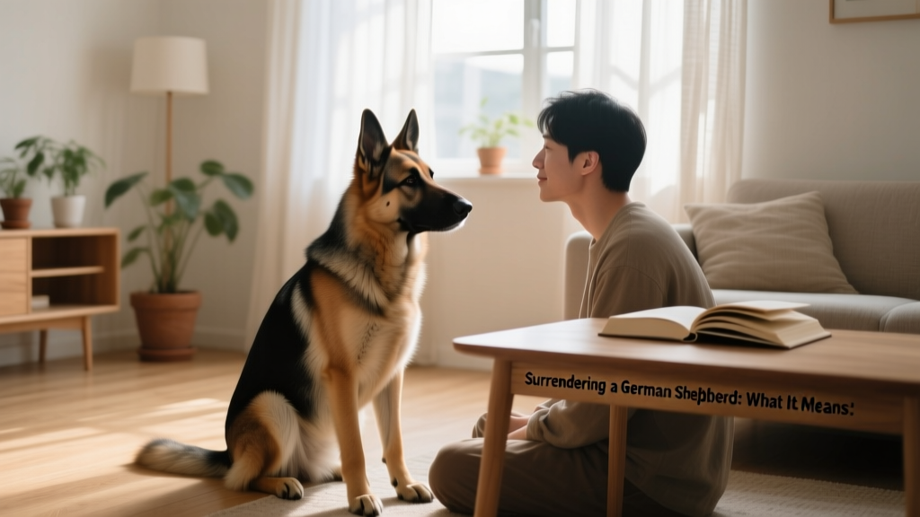 A calm, well-groomed German Shepherd sitting beside a person in a quiet home setting