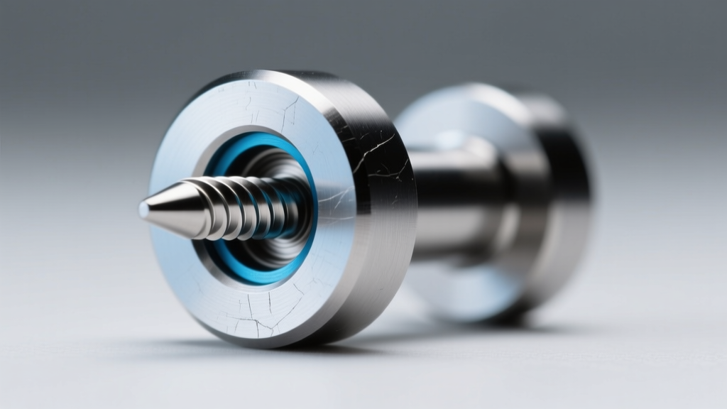 Macro shot of internally threaded titanium labret post showing the precise spiral thread pitch and smooth flat back disc.