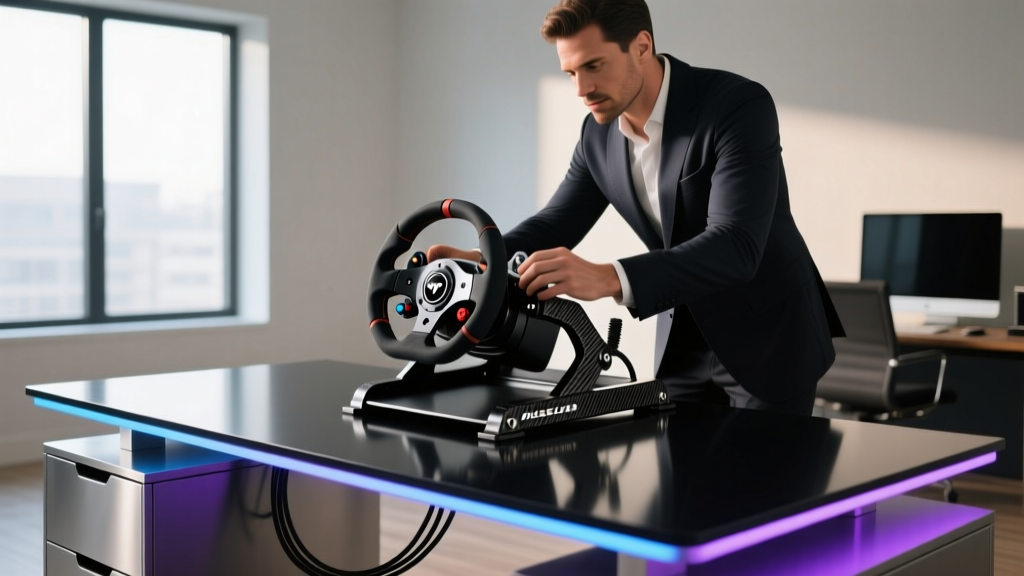 A man adjusting a high-end direct drive sim-racing wheelbase on a sleek aluminum desk setup with ambient bias lighting