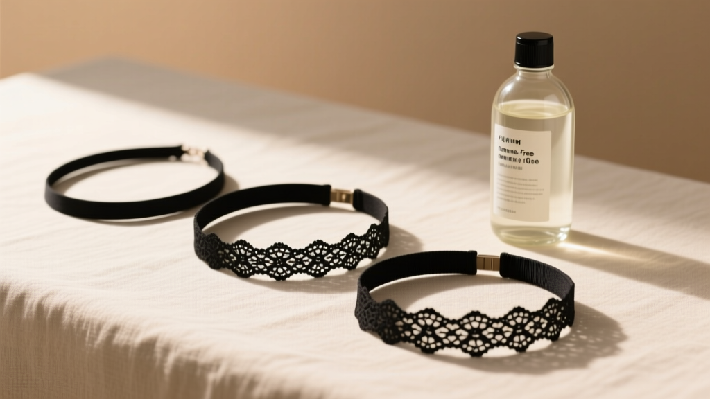 Flat lay of three black stretch lace choker necklaces in varying widths, next to a bottle of gentle enzyme-free textile detergent.