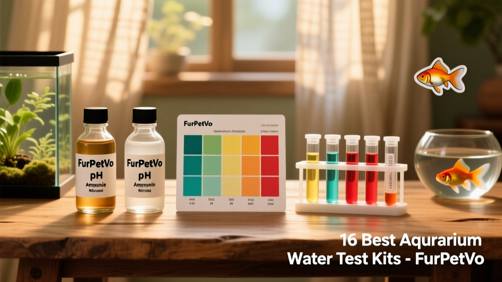 Side-by-side comparison of FurPetVo liquid reagent bottles, test vials, and color chart