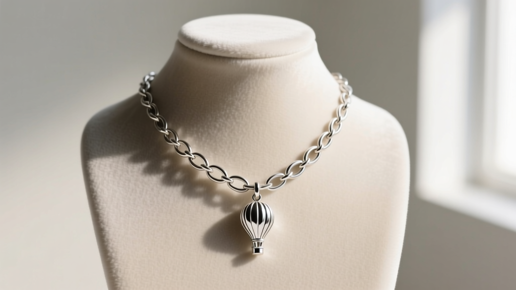 Delicate silver balloon link chain necklace with a small hot air balloon pendant, displayed on a velvet bust to show link spacing