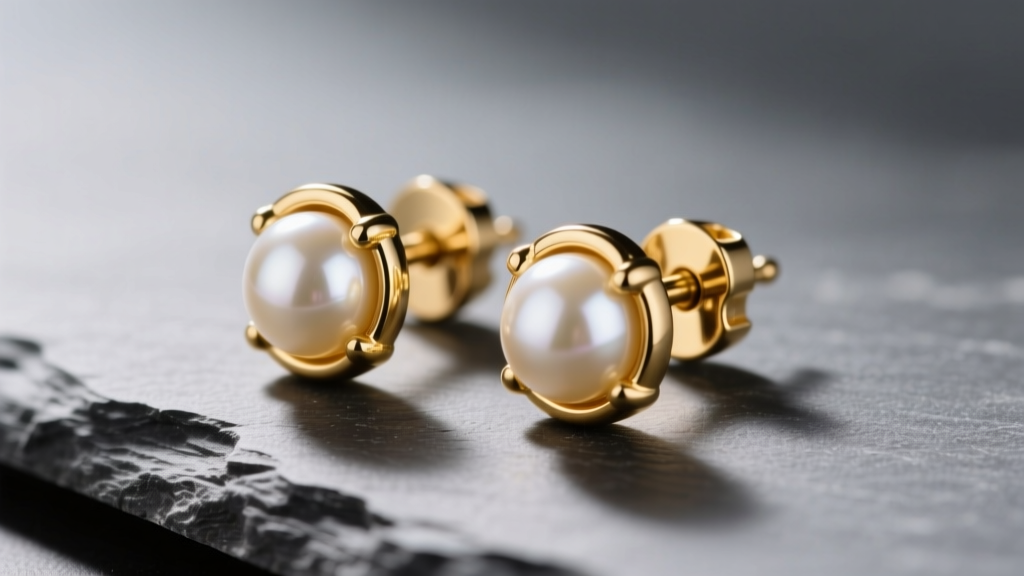 Gold and pearl double stud earring on slate, showing post thickness and friction clutch under soft directional studio lighting