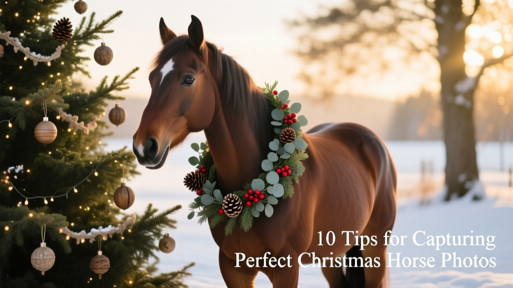 Professional photo of a horse wearing an elegant artificial garland around its neck, posed beside a decorated evergreen tree