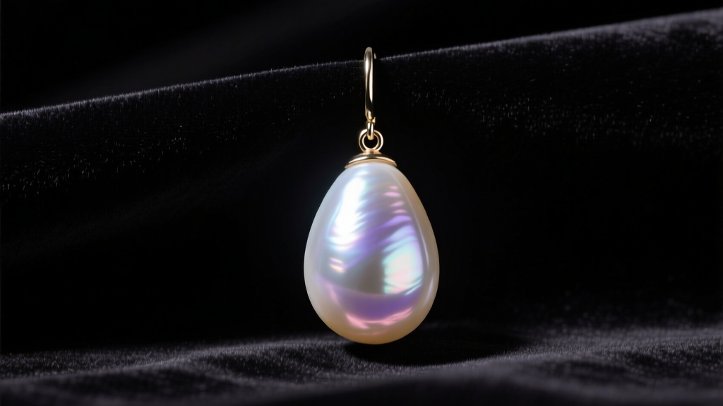 Large teardrop pearl earring on dark velvet, lit by dramatic 17th-century Dutch chiaroscuro studio lighting techniques