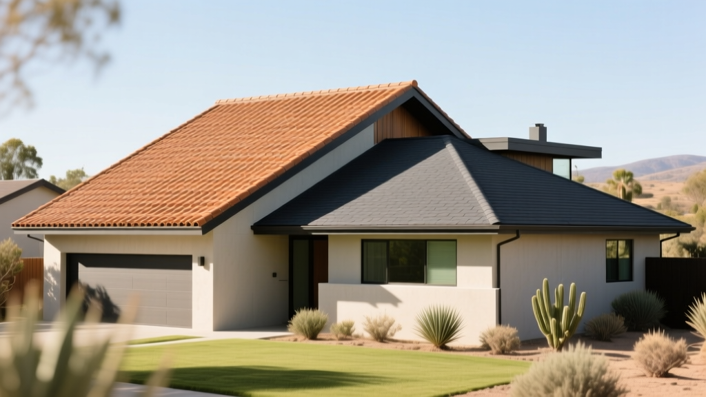 Split-level modern home featuring heavy terracotta concrete tile roof adjacent to dark gray asphalt shingle roof in bright sunlight.