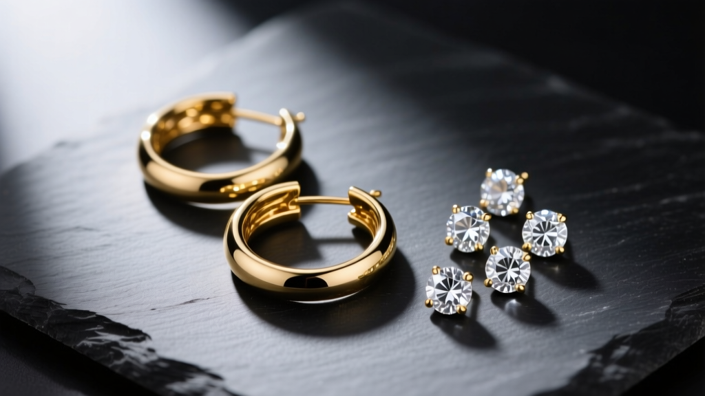 Flat lay of gold-plated brass costume hoop earrings and cubic zirconia studs on a dark slate surface with soft directional lighting