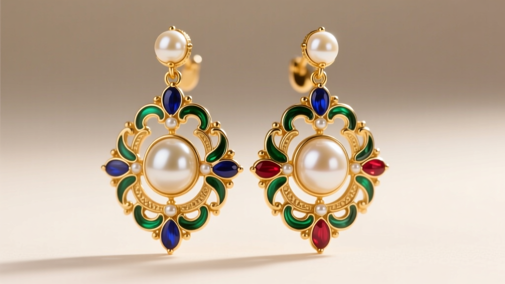 Close-up of gold girandole renaissance earrings with baroque pearls, soft studio lighting highlighting intricate enamel details.