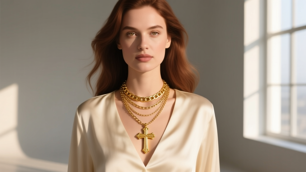 Woman wearing a layered necklace stack with a 16-inch box chain and a 20-inch gold-clad cross pendant over a cream silk blouse.
