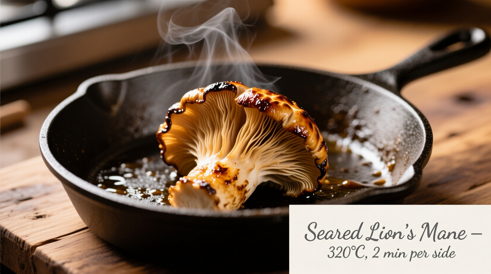 Perfectly seared lion's mane mushrooms in skillet