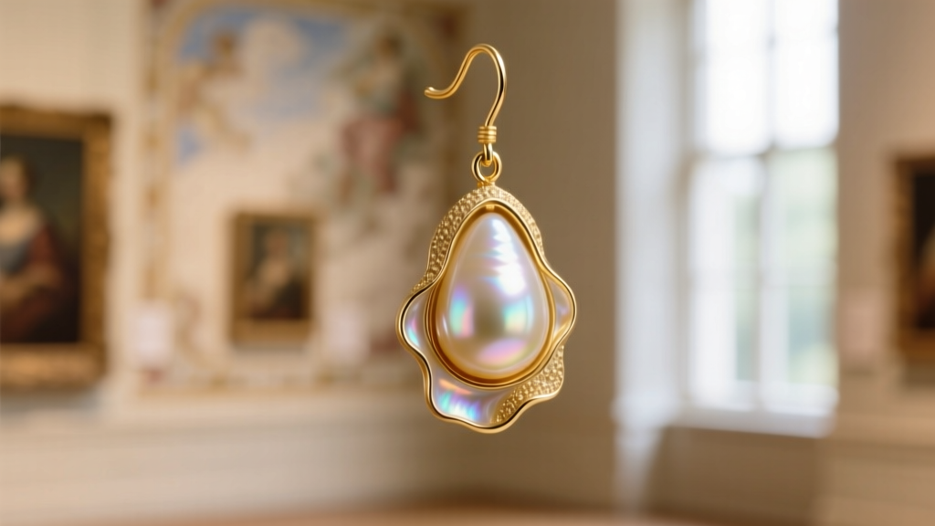 A teardrop baroque pearl drop earring on a 14k gold hook, suspended against a softly blurred classic art gallery wall background.