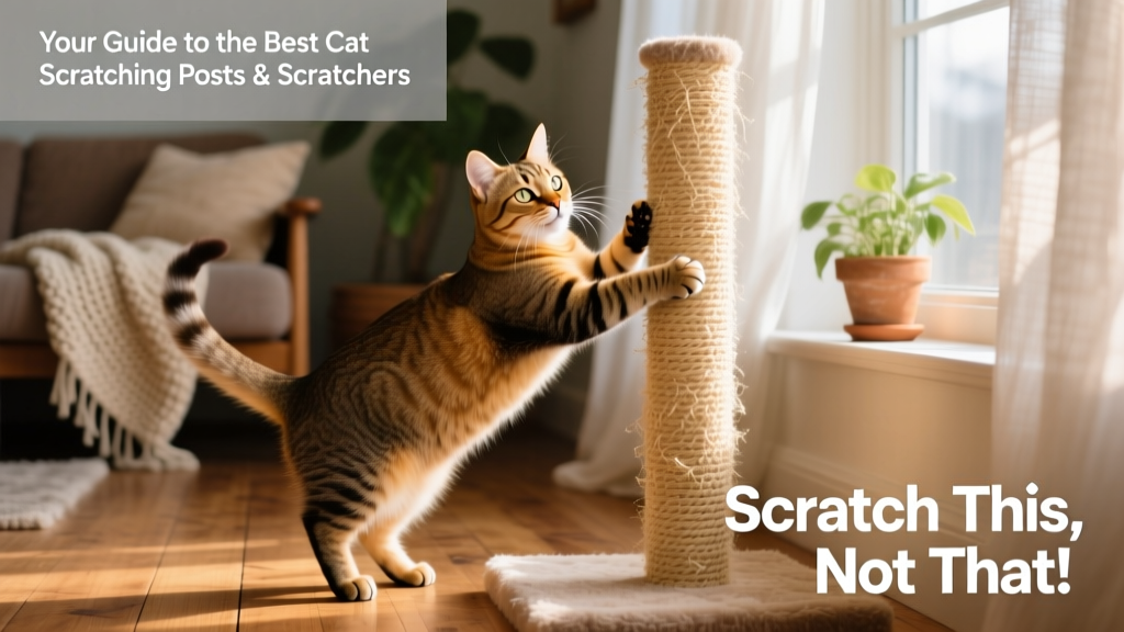 Cat happily scratching a tall sisal post beside a cozy window perch