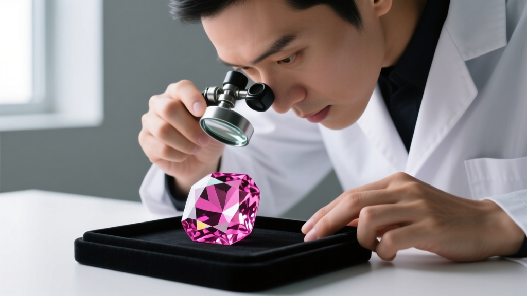 Jeweler using a loupe to inspect pavilion facets of a cushion-cut pink ruby for rutile silk inclusions and heat treatment signs