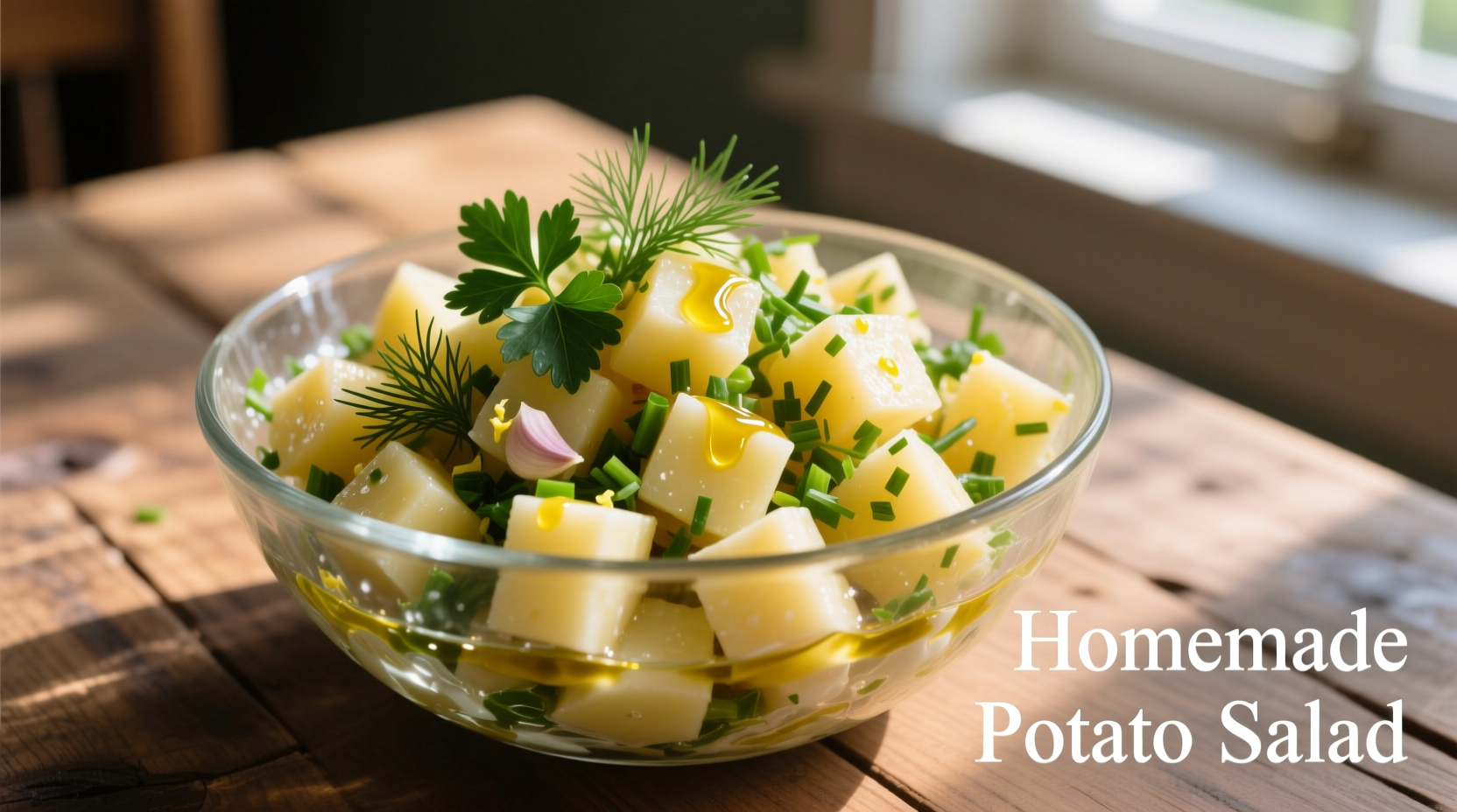 Homemade potato salad in a glass bowl with fresh herbs