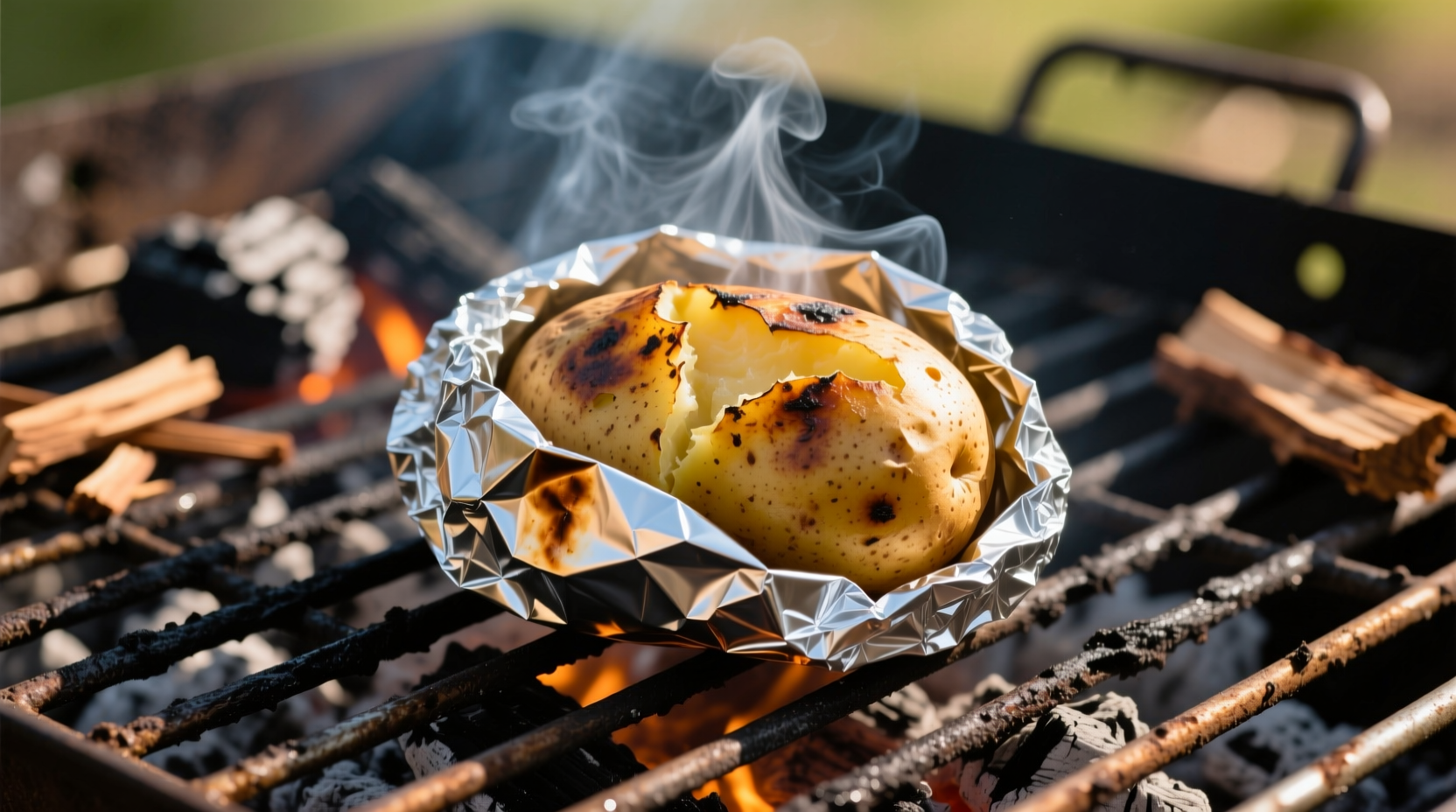 Grilled potato wrapped in foil on charcoal grill
