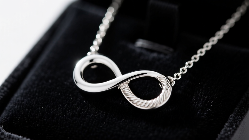 Sterling silver James Avery infinity pendant on dark velvet, showing the polished figure-eight loop and delicate cable chain links