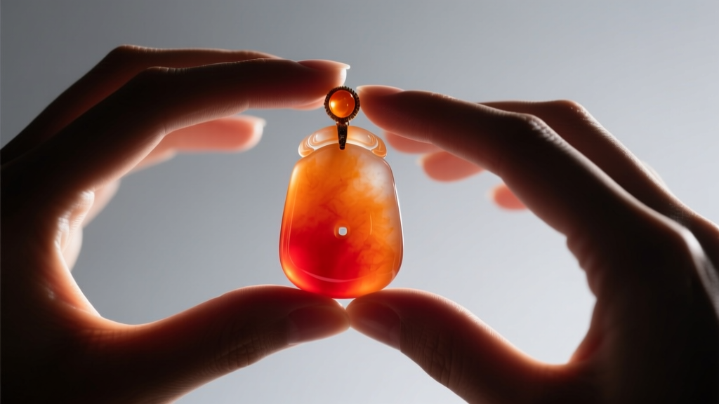 Hands holding a Chelsea filter over an orange jade pendant, revealing a red glow indicating artificial dye treatments in the jadeite.