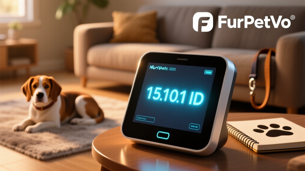 Close-up of a microchip scanner screen displaying a 15-digit ID number next to the FurPetVo logo