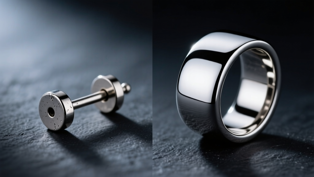 Side-by-side macro shot of a dull surgical steel earring post and a highly polished mirror-finish niobium ear cuff on a dark slate background.