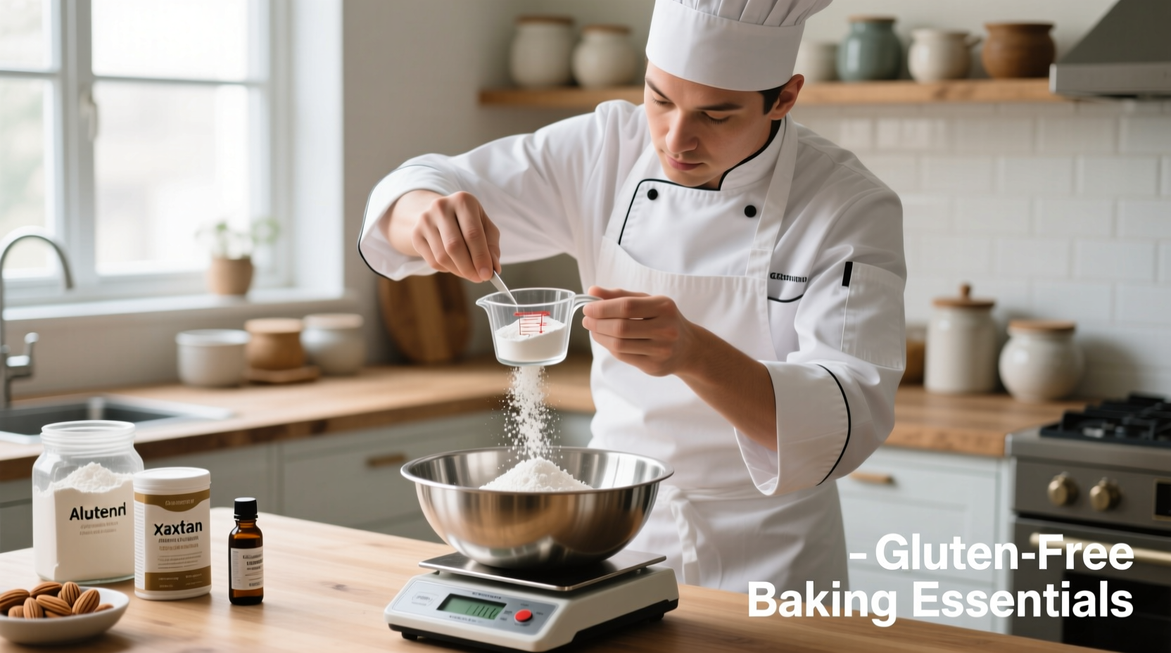 Chef measuring tapioca starch for gluten-free baking