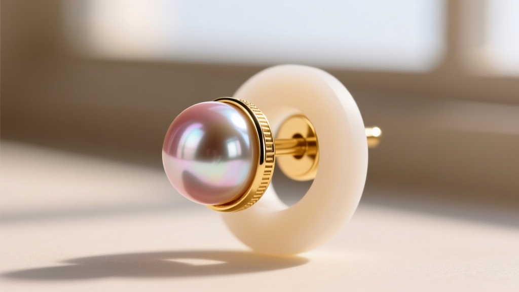 Macro photography of an 18-gauge gold earring post with a jumbo silicone backing supporting a heavy 14mm Edison freshwater pearl