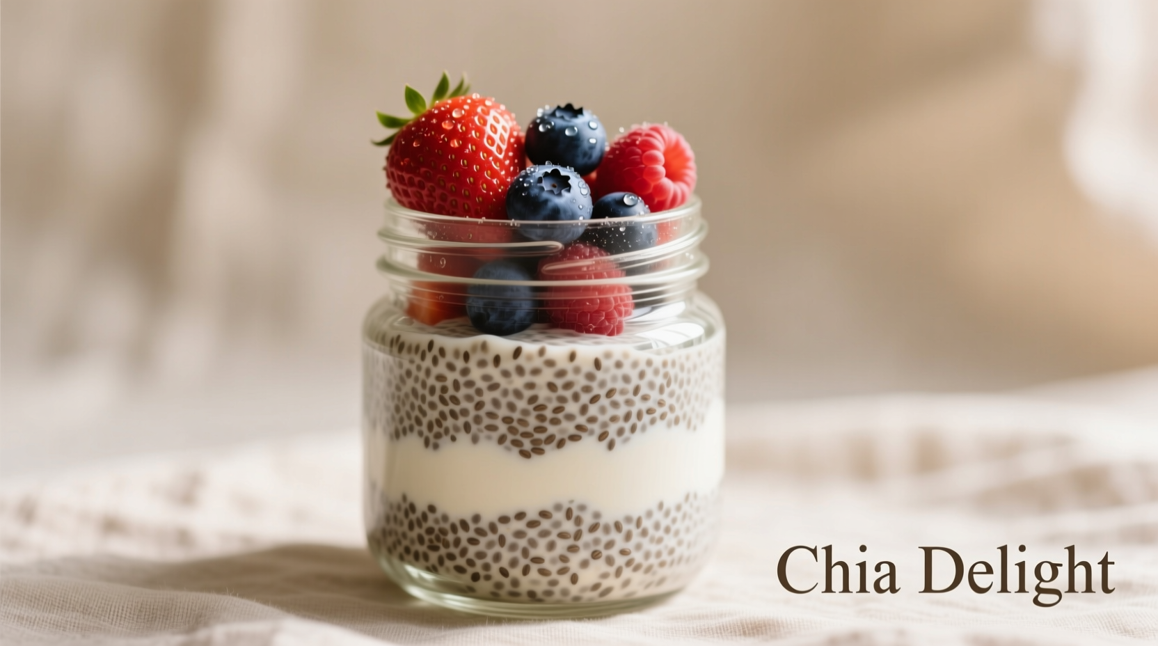 Chia seed pudding in glass jar with fresh berries