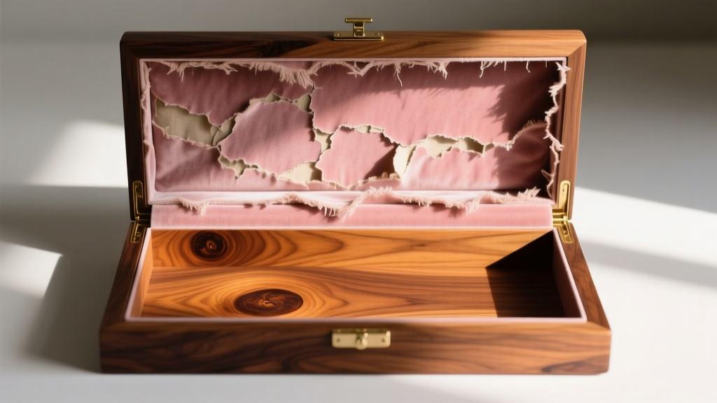 Inside empty coffin jewelry box showing raw unsealed oak wood grain on bottom panel next to peeling synthetic velvet lining.
