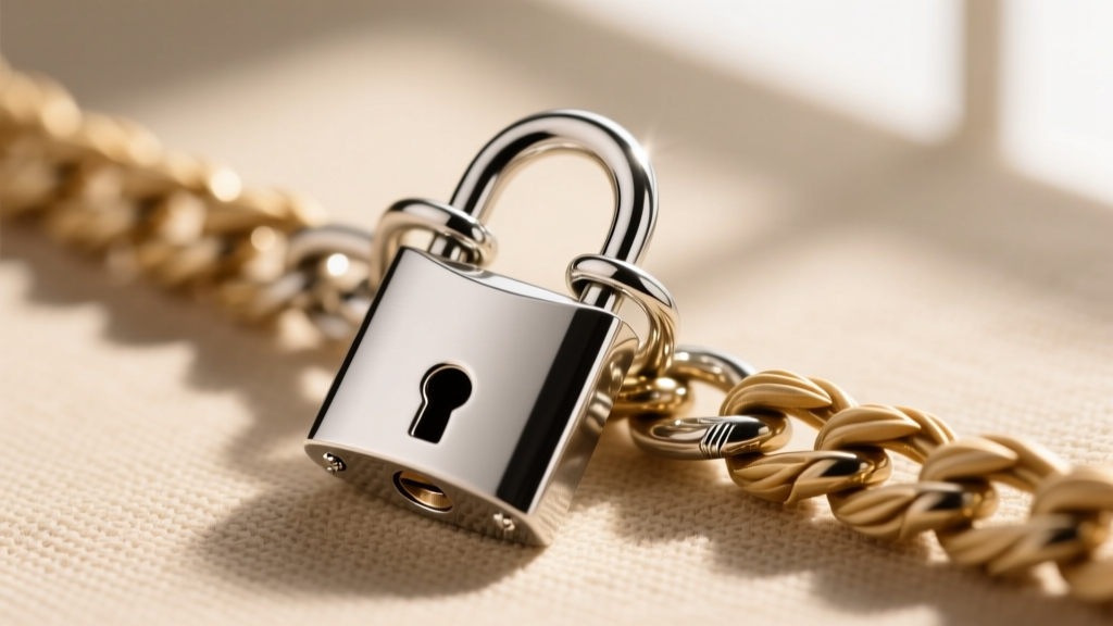 Silver padlock pendant on a wheat chain, focusing on the soldered jump ring connecting the pendant bail to the heavy chain link.