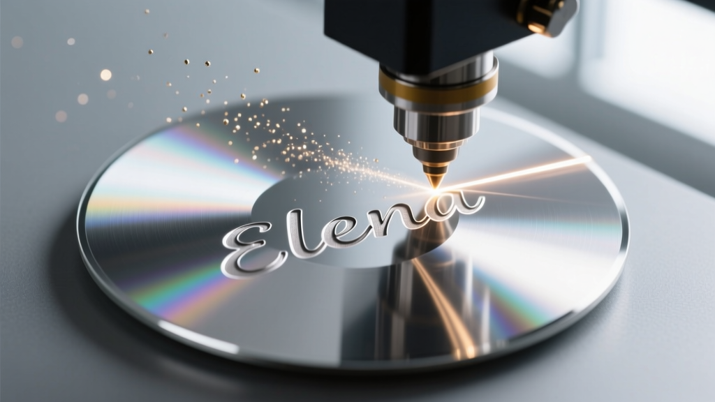 Close-up of a laser engraver etching a name into a platinum disc, revealing microscopic precision and metallic dust on the surface.