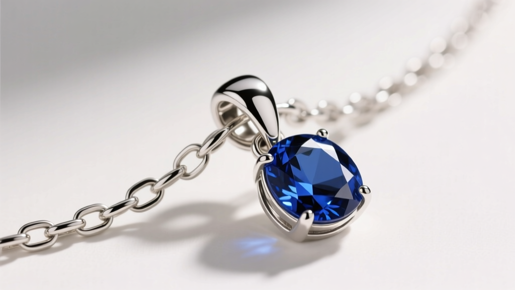 Close-up of a platinum box chain connecting to a secure lobster clasp on a sapphire pendant, highlighting the metal polish