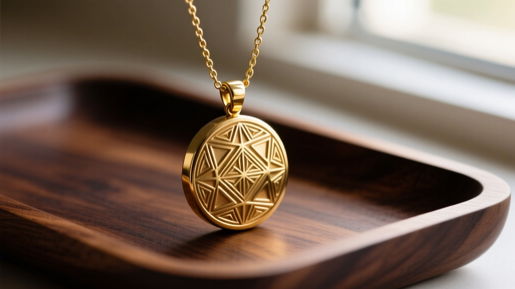 Macro shot of a heavy brass pendant on a thin gold chain, resting on a dark wooden jeweler's bench under bright warm studio lighting.