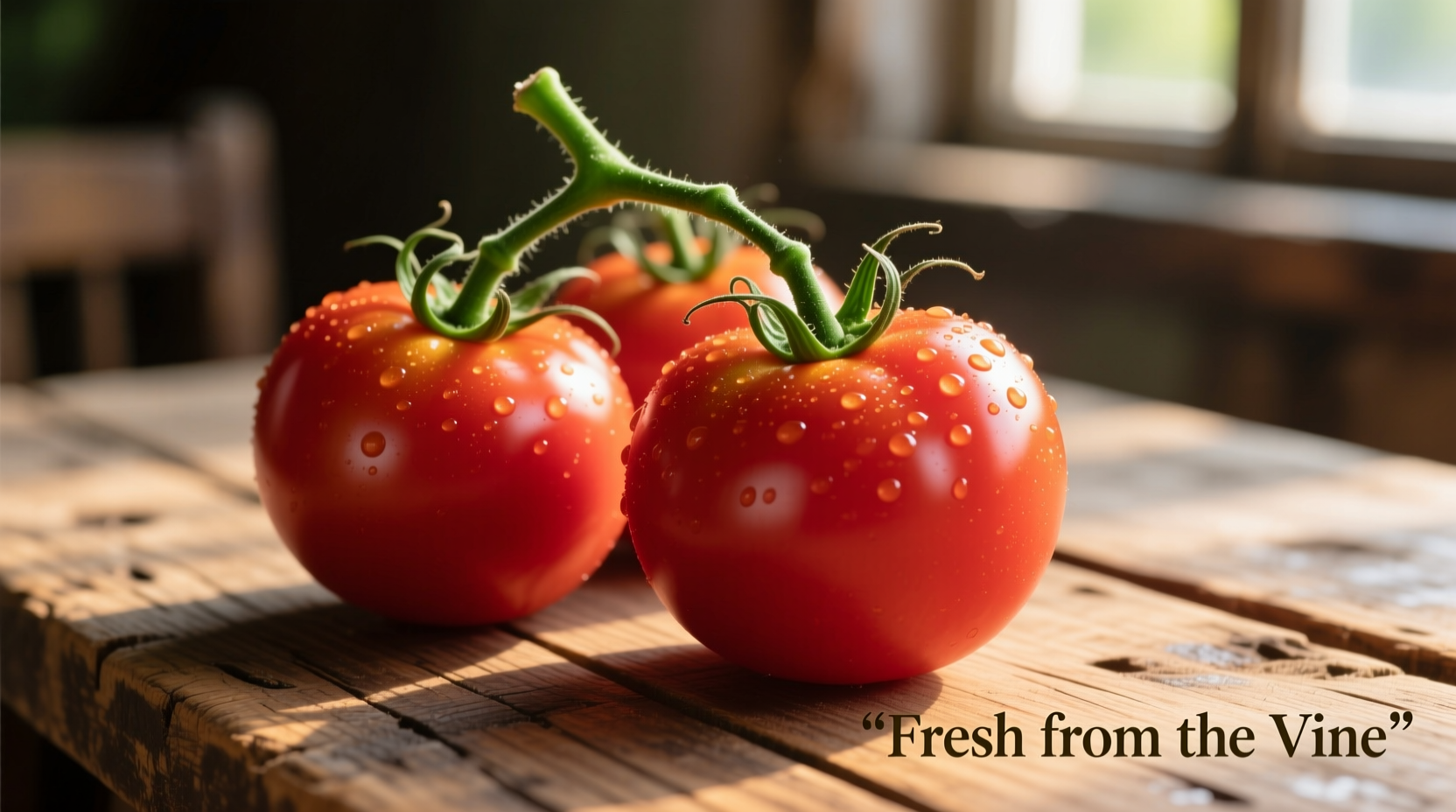 Fresh vine tomatoes with green stems on wooden table